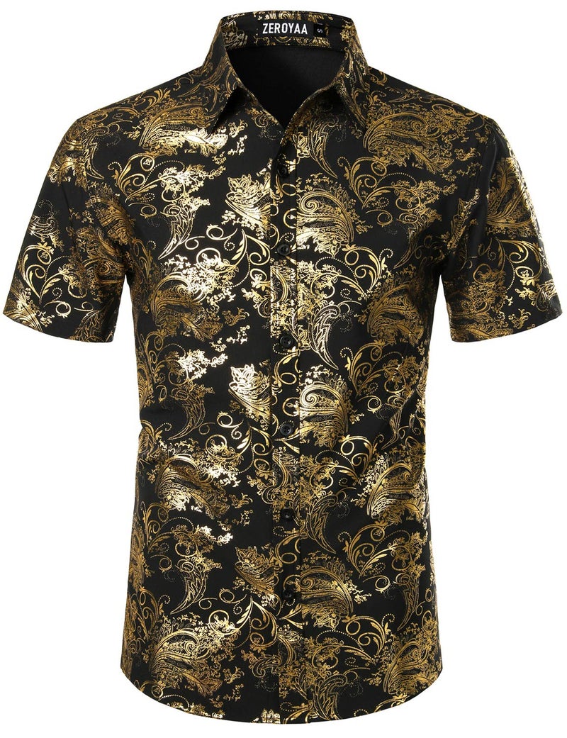 ZEROYAA Men's Luxury Paisley Shiny Stylish Slim Fit Short Sleeve Button Up Dress Shirt ZLCL23 Black Gold Medium - Image 1